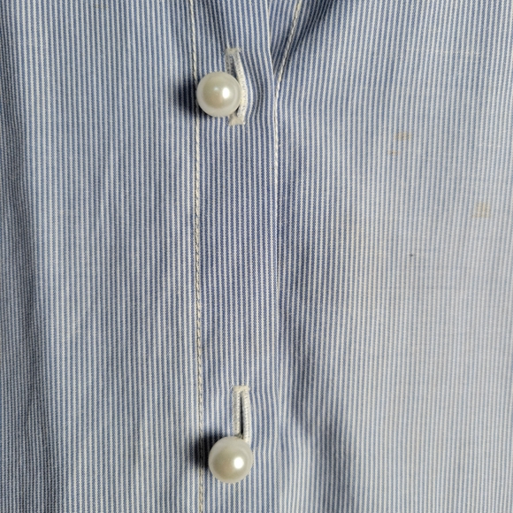 Chico's Blue Stripe Lace Balloon Sleeves Pearl Button Shirt Womens Size 4 (XXL) - Picture 4 of 7